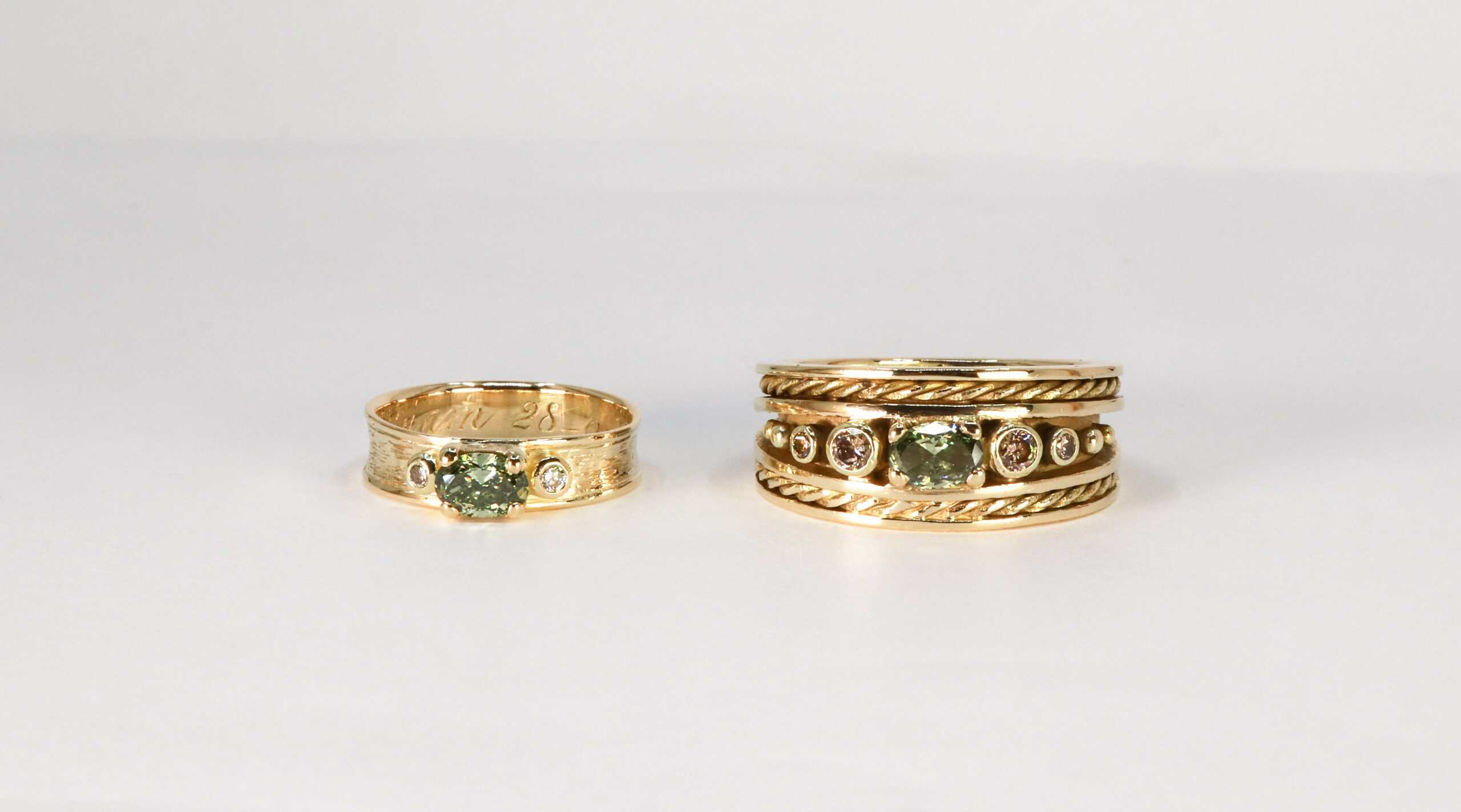 Gouden HerinneRING met lab grown diamanten en ring ELIZABETH met diamanten, vervaardigd door Burgant als unieke maatwerk sieraden uit collectie GRÀDH.