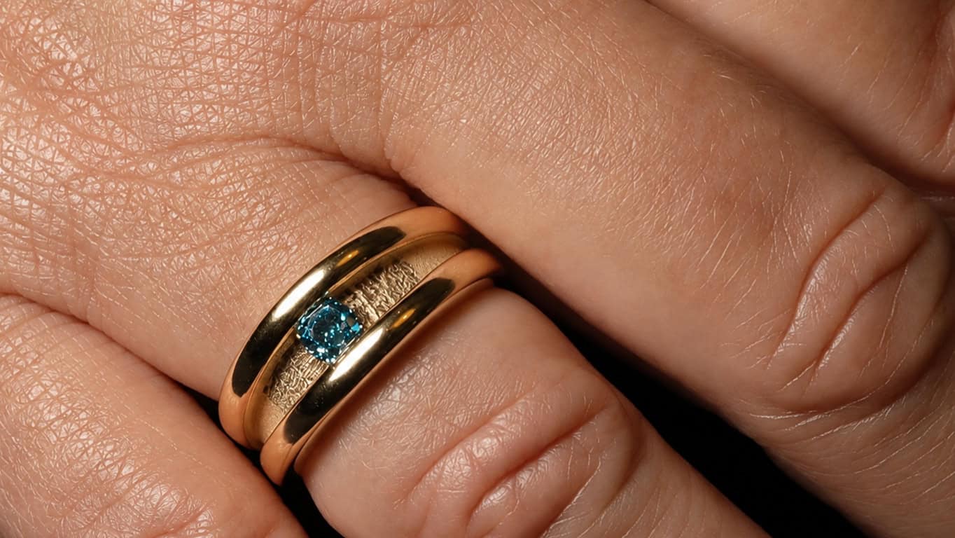 Herdenkingsring van dierbaar oud goud met vingerafdruk van vader en blauwe diamant, op maat gemaakt in het atelier van Burgant.